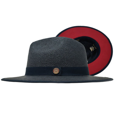 Bruno Capelo Kingdom Red Bottom Wide Brim Straw Fedora in Navy / Red #color_ Navy / Red