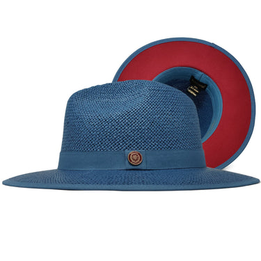 Bruno Capelo Kingdom Red Bottom Wide Brim Straw Fedora in Denim / Red