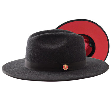 Bruno Capelo Monarch Red Bottom Wide Brim Wool Fedora in Charcoal / Red #color_ Charcoal / Red