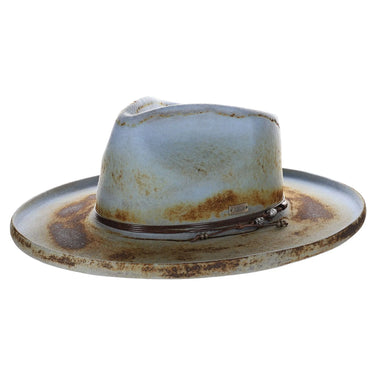 Bruno Capelo Orleans Distressed Wide Brim Wool Fedora in Light Blue / Brown #color_ Light Blue / Brown