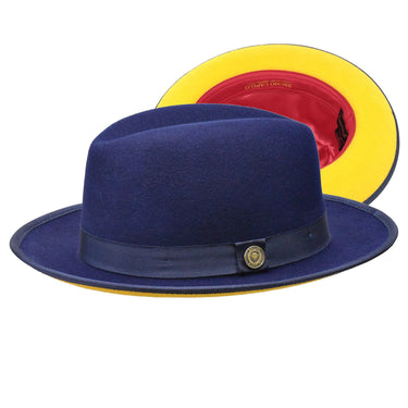 Bruno Capelo Princeton Gold Bottom Center Dent Wool Fedora in Navy / Gold #color_ Navy / Gold