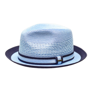 Bruno Capelo Retro 2-Tone Straw Fedora Hat Snap Brim in Light Blue Navy Blue
