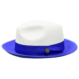 Bruno Capelo Salvatore Pinch Front Straw Fedora in White / Royal