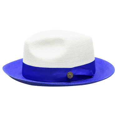 Bruno Capelo Salvatore Pinch Front Straw Fedora in White / Royal