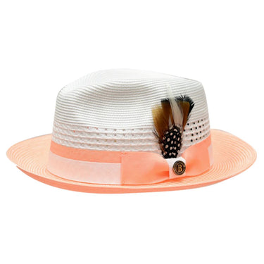 Bruno Capelo The Rocco Pinch Front Straw Fedora in White / Peach