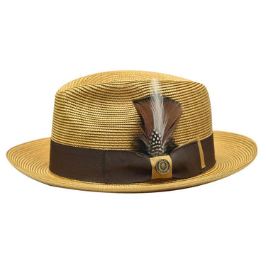 Bruno Capelo Theo Pinch Front Straw Fedora in Whiskey / Brown #color_ Whiskey / Brown