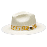 Bruno Capelo Valentino Wide Brim Pinch Front Straw Fedora in White / Gold
