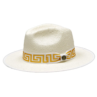 Bruno Capelo Valentino Wide Brim Pinch Front Straw Fedora in White / Gold