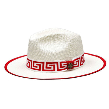 Bruno Capelo Valentino Wide Brim Pinch Front Straw Fedora in White / Red