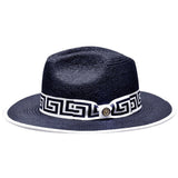 Bruno Capelo Valentino Wide Brim Pinch Front Straw Fedora in Navy / White
