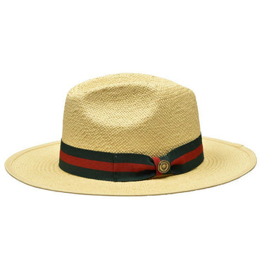 Bruno Capelo Valentino Wide Brim Pinch Front Straw Fedora in Natural / Red / Green