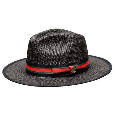 Bruno Capelo Valentino Wide Brim Pinch Front Straw Fedora in Black / Red / Green