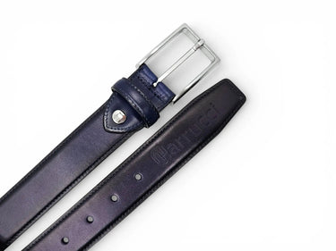 Burnished Calfskin Leather Belt in Navy Silver Buckle