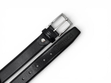 Burnished Calfskin Leather Belt in Black Silver Buckle