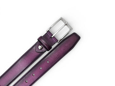 Burnished Calfskin Leather Belt in Purple Silver Buckle