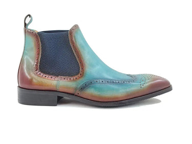 Burnished Calfskin Wingtip Boot in Brown Turquoise