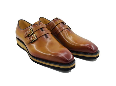 Carrucci Shoes Burnished Double Monk Whole Cut Shoe in Cognac