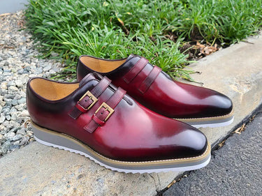 Carrucci Shoes Burnished Double Monk Whole Cut Shoe in Burgundy