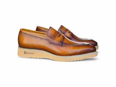 Carrucci Shoes Chic Patina Burnished Penny Loafer in Cognac