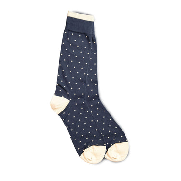 Vannucci Polka Dot Dress Socks Mercerized Cotton, Mid-Calf Length in Navy / Tan