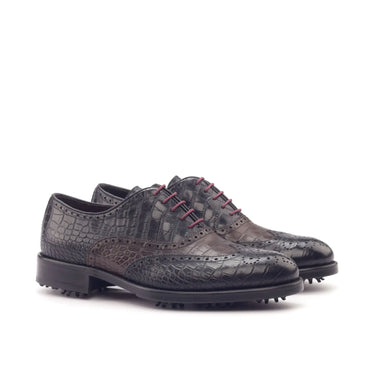 DapperFam Aeron Golf in Black / Dark Brown Men's Italian Croco Embossed Leather Full Brogue in Black / Dark Brown