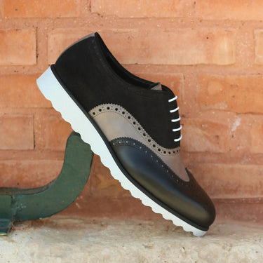 DapperFam Aeron in Black / Grey Men's Italian Leather & Lux Suede Full Brogue in Black / Grey