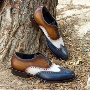 DapperFam Aeron in Denim / White / Cognac Men's Italian Leather & Hand-Painted Patina Full Brogue in Denim / White / Cognac