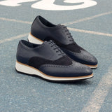 DapperFam Aeron in Navy Men's Lux Suede & Italian Pebble Grain Leather Full Brogue — Style 2689