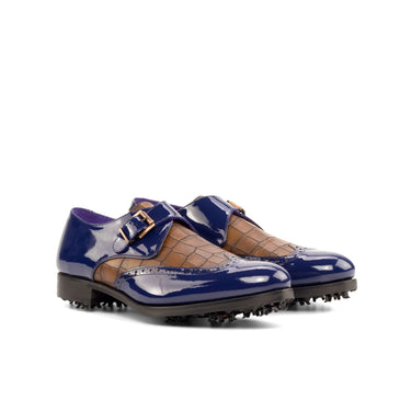DapperFam Brenno Golf in Cobalt Blue / Med Brown Men's Italian Patent Leather & Italian Embossed Leather Single Monk in Cobalt Blue / Med Brown