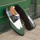 DapperFam Brenno Golf in Tartan / White / Forest Men's Sartorial & Italian Leather & Italian Suede Single Monk