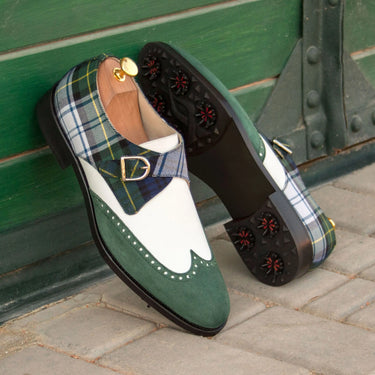 DapperFam Brenno Golf in Tartan / White / Forest Men's Sartorial & Italian Leather & Italian Suede Single Monk