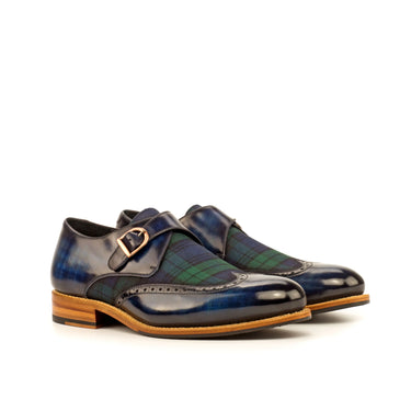 DapperFam Brenno in Blackwatch / Denim Men's Sartorial & Hand-Painted Patina Single Monk in Blackwatch / Denim