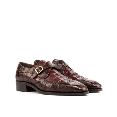 DapperFam Brenno in Dark Brown / Burgundy Men's Italian Croco Embossed Leather Single Monk in Dark Brown / Burgundy