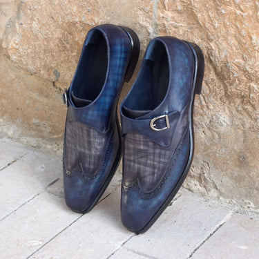 DapperFam Brenno in Denim / Grey Men's Hand-Painted Patina Single Monk in Denim / Grey
