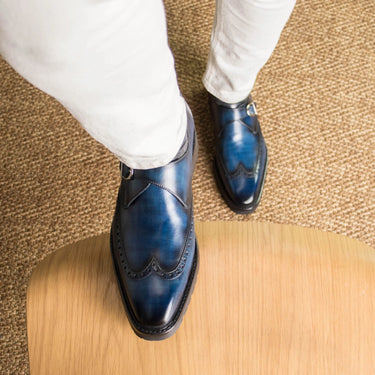 DapperFam Brenno in Denim Men's Hand-Painted Patina Single Monk in Denim