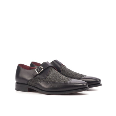 DapperFam Brenno in Herringbone / Black Men's Sartorial & Italian Pebble Grain Leather Single Monk in Herringbone / Black