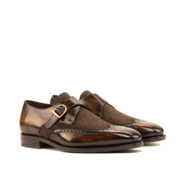 DapperFam Brenno in Herringbone / Brown Men's Sartorial & Hand-Painted Patina Single Monk in Herringbone / Brown