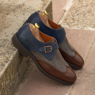 DapperFam Brenno in Med Brown / Grey / Navy Men's Italian Leather Single Monk