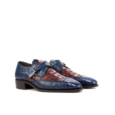 DapperFam Brenno in Navy / Burgundy Men's Italian Croco Embossed Leather Single Monk in Navy / Burgundy