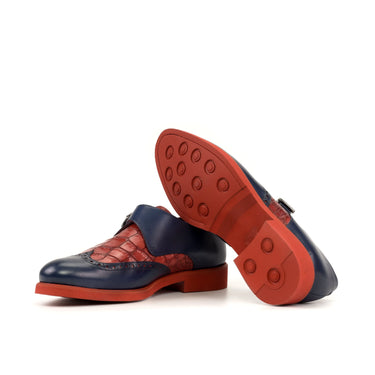DapperFam Brenno in Navy / Red Men's Italian Leather & Italian Croco Embossed Leather Single Monk in #color_