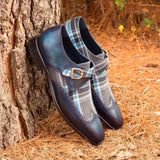 DapperFam Brenno in Plaid / Denim Men's Sartorial & Hand-Painted Patina Single Monk