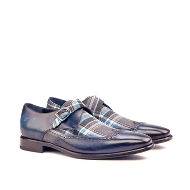 DapperFam Brenno in Plaid / Denim Men's Sartorial & Hand-Painted Patina Single Monk in Plaid / Denim