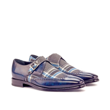 DapperFam Brenno in Plaid / Denim Men's Sartorial & Hand-Painted Patina Single Monk in Plaid / Denim