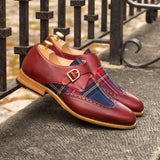 DapperFam Brenno in Red / Tartan Men's Sartorial & Italian Pebble Grain Leather Single Monk