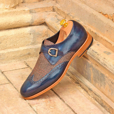 DapperFam Brenno in Tweed / Denim Men's Sartorial & Hand-Painted Patina Single Monk