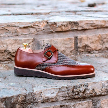 DapperFam Brenno in Tweed / Med Brown Men's Sartorial & Italian Leather Single Monk in Tweed / Med Brown