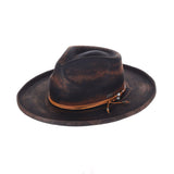 DapperFam Brownstone Distressed Wide Brim Wool Fedora in Black / Brown