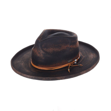 DapperFam Brownstone Distressed Wide Brim Wool Fedora in Black / Brown