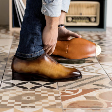 DapperFam Giuliano in Cognac Men's Hand-Painted Patina Whole Cut in #color_