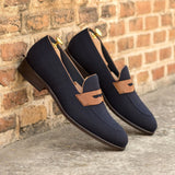 DapperFam Luciano in Navy / Med Brown Men's Flannel & Italian Leather Loafer — Style 5394
